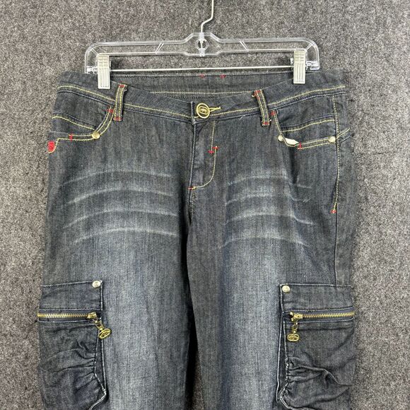 Echo Red Denim Jeans Women's 13/14 Blue Dark Wash Cargo Pockets Embroidered - Picture 2 of 11
